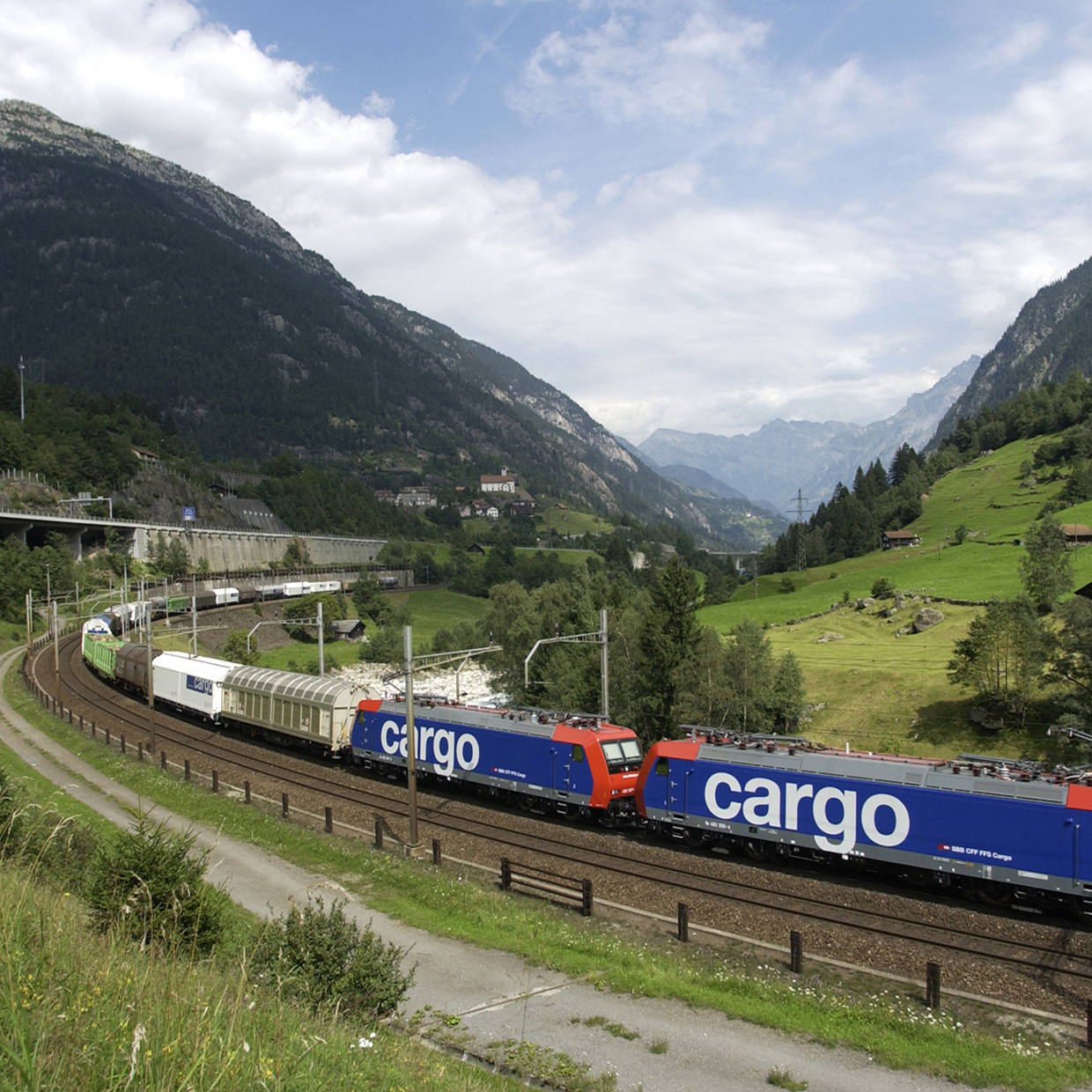 Ein SBB-Cargo-Güterzug fährt durch eine grüne Landschaft, doch der Himmel ist bewölkt